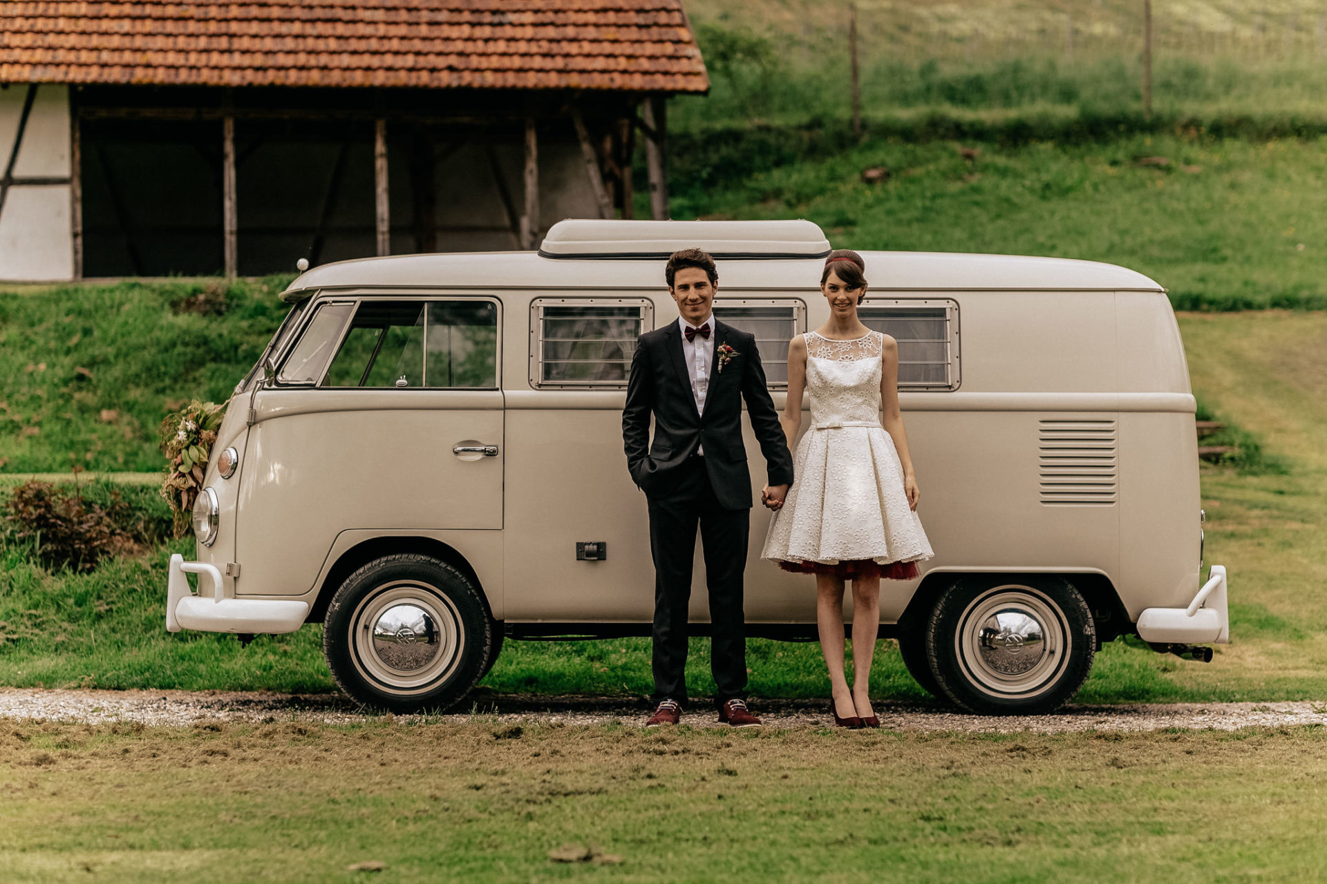barn wedding germany-marsala decoration-peonies bouquet-vw t1 wedding car-vintage wedding