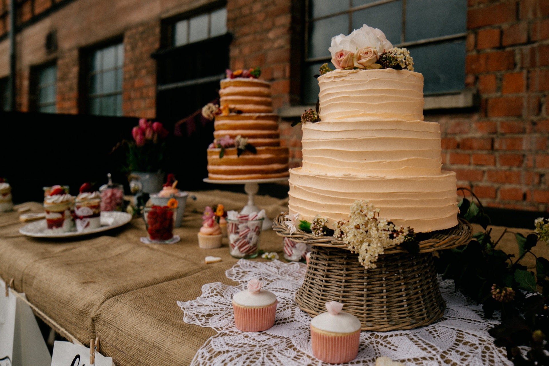 sweet candy table barn wedding-wedding cake butter cream real flowers-rustic wedding farmhouse