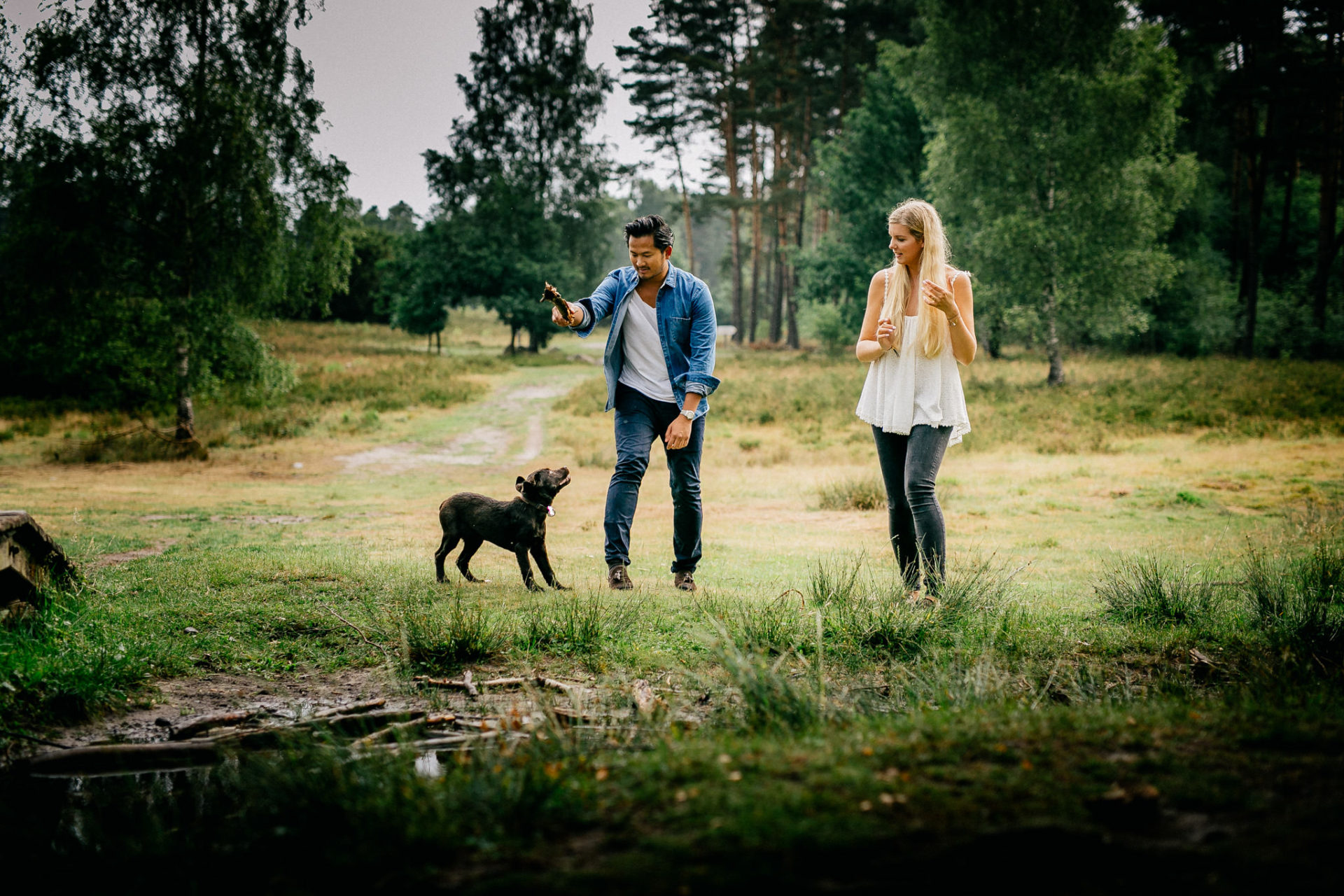 couple shoot Hamburg-engagement photos with dog-labrador puppy-brown lab pup-boho style hat-picknick location hamburg