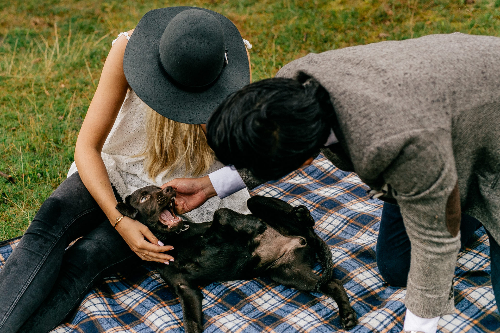 couple shoot Hamburg-engagement photos with dog-labrador puppy-brown lab pup-boho style hat-picknick location hamburg